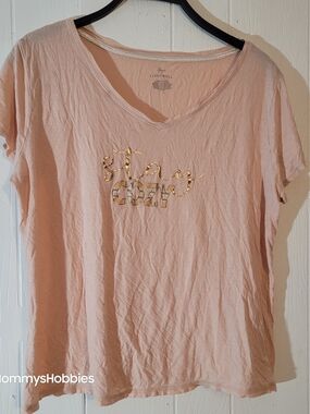 Live Well Womens Large Rose Pink Short Sleeve Gold 'Star Cozy' Graphic Tee